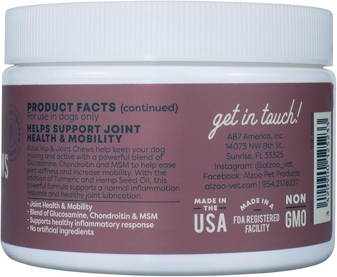 ALZOO Hip & Joint Chews for Dogs, 100% Plant-Based Active Ingredients, Peanut Butter Flavor, 90 Count