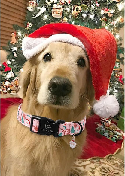 Xmas Dog Collars - Pink Christmas Tree & Santa Dog Collar with Gingerbread- Comfortable, Stylish Pet Collars with Quick Release Buckle for Christmas S