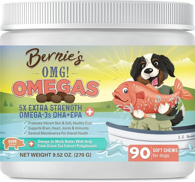 Bernie's OMG! Omegas Chews for Dogs - 5X Extra Strength DHA+EPA, Fish Oil, Healthy Skin & Coat, Allergy Relief, Joint Supplement (Pork Flavor)
