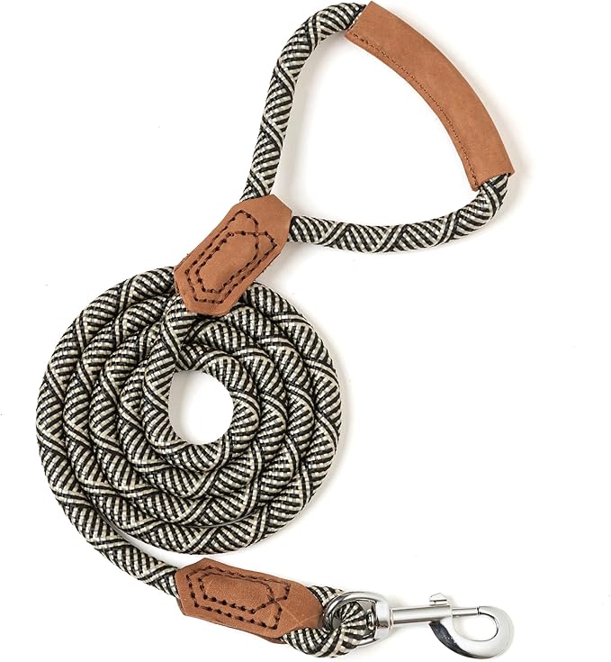 Mile High Life | Premium Leather Handle Dog Leash | Strong Rope Leash | Zinc Alloy Strong Clasp | Small Medium Large Dogs | 4/5/6 Feet(White, 72 Inch (Pack of 1))