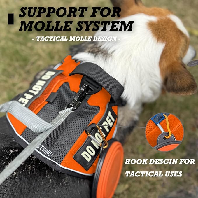 Tactical Dog Harness for Small and Medium Breeds, Air Dog Vest No Pull with Reflective Do Not Pet Patches, Breathable Dog Molle Vests for Training Walking Hunting Orange