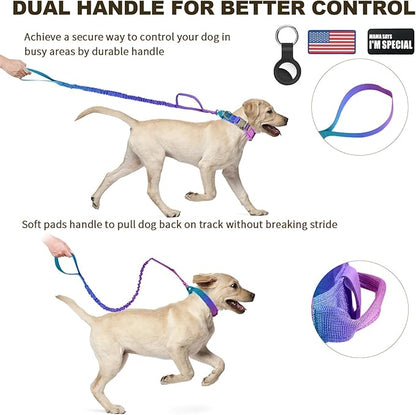Tactical Dog Collar and Bungee Leash,Military Dog Collar & Leash Set with USA American Flag Adjustable K9 Collar with Heavy Duty Metal Buckle & Handle,with Patches and Airtags Case (Gradient, M)