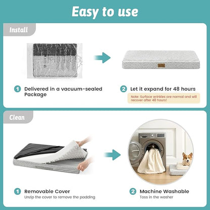 COZY KISS Dog Crate Bed for Small Size Dogs, Rectangular Orthopedic Cat Beds, Foam Anti-Slip Bottom Pet Mat with Washable Removable Cover, Suitable for Pet Up to 30 lbs, 24x16x3 inch, Grey
