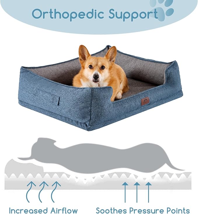 Hollypet Orthopedic Rectangle Dog Bed for Medium Dogs, Supportive Egg-Crate Foam Pet Beds with Removable Washable Waterproof Cover and Non-Slip Bottom, Blue, 32" L x 24" W x 8.5" Th