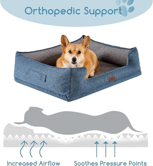 Hollypet Orthopedic Rectangle Dog Bed for Medium Dogs, Supportive Egg-Crate Foam Pet Beds with Removable Washable Waterproof Cover and Non-Slip Bottom, Blue, 32" L x 24" W x 8.5" Th
