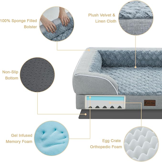 Casa Paw Orthopedic Dog Beds for Large Sized Dogs, Waterproof Memory Foam Large Pet Bed with Sides 36x27Inch, Non-Slip and Egg-Crate Foam Big Dog Couch Bed with Removable Washable Cover, Light Grey