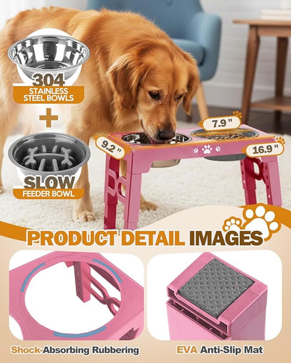 Elevated Dog Bowls, Dog Feeder with 1*Stainless Steel Dishes & 1*Slow Feeder Bowl, 5 Heights Adjustable Raised Stand for Medium Large, Food Dishes with Non-Slip Feet