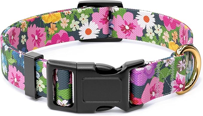 Rnivvi Dog Collar for Medium Dogs, Cute Floral Heavy Duty Adjustable Puppy Collar with Quick Release Buckle for Boy Girl & Female, Pet Accessories for Walking Running, M Length 1" Width, Elegant