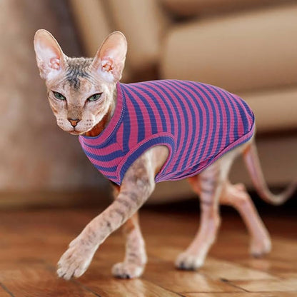 BRKURLEG Sphynx Hairless Cats Shirt Puppy Clothes Soft Cotton T-Shirts Cute Cats Pajamas Cat Stripes Vest Pet Sweater, Round Collar Vest Kitten Shirts(PinkBlue Stripes, S)
