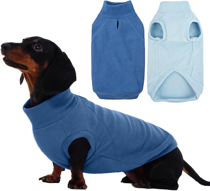 IECOii 2 Pack Fleece Sweaters for Dachshunds - Warm Cold Weather Coat & Stretchy Fleece Vest with Leash Hole, Cozy Pet Sweatshirt for Daily Wear, Machine Washable (Size L, Dark Blue & Light Blue)