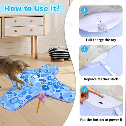 DFQ Interactive Cat Toy for Indoor Cats, Rechargeable Touch-Activated Moving Feather Wand with Concealed Motion, Play Toy for Kittens and Adult Cats (Blue)