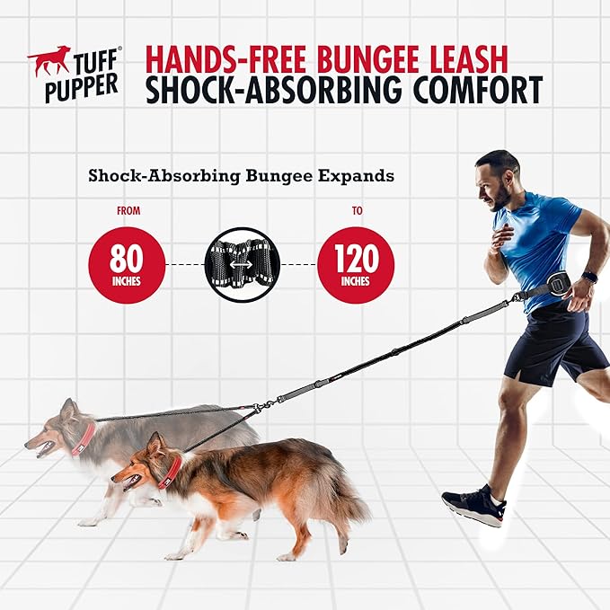 Tuff Pupper Heavy Duty Hands Free Bungee Dog Leash | Two Large Dogs Up to 250 lbs | Comfortable Shock Absorbing Bungee | Reflective Dual Padded Handles | Lumbar Waist Belt 26-38" | 360° Swivel Clips