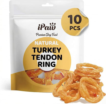 iPaw 10 Pcs Value Pack Turkey Tendons for Dogs, 100% Turkey and US Sourced Raw Material, Hypoallergenic, All Natural Human Grade Puppy Chew, Rawhide Alternative Dog Treats, Ring (Small)