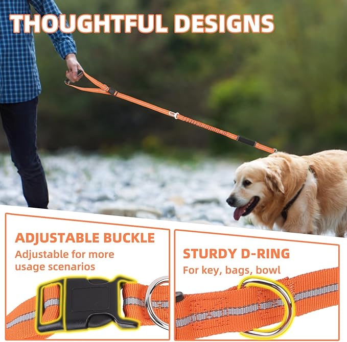PUPTECK Heavy Duty Bungee Leash for Medium Large Dogs, No Pull Tactical Dog Leash with Double Handles for Training, Reflective with Car Seatbelt and Quick Release Buckle, Orange