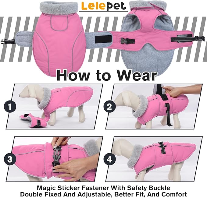 Lelepet Warm Dog Coats for Large Dogs Waterproof Dog Winter Jacket Reflective Pet Fleece Vest Windproof Cold Weather Coats with Adjustable Buckle & Leash Hole, Pink, XXL