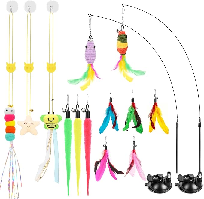 Atosun Interactive Cat Toys, 15PCS Cat Wand and Feather Toys for Indoor Cats, Reusable Suction Cup Toys for Kittens Play Exercise (Suction Model)