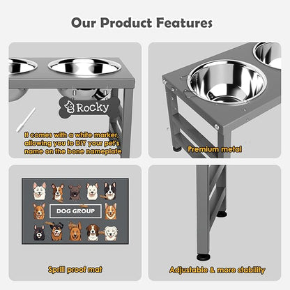 ADENGL Elevated Dog Bowls, 10" Tall Height, Raised Bowl Stand with 2 Stainless Steel Food Feeder Bowls (58oz) and Spill-Proof Mat for Medium Large and Small Breeds, Grey