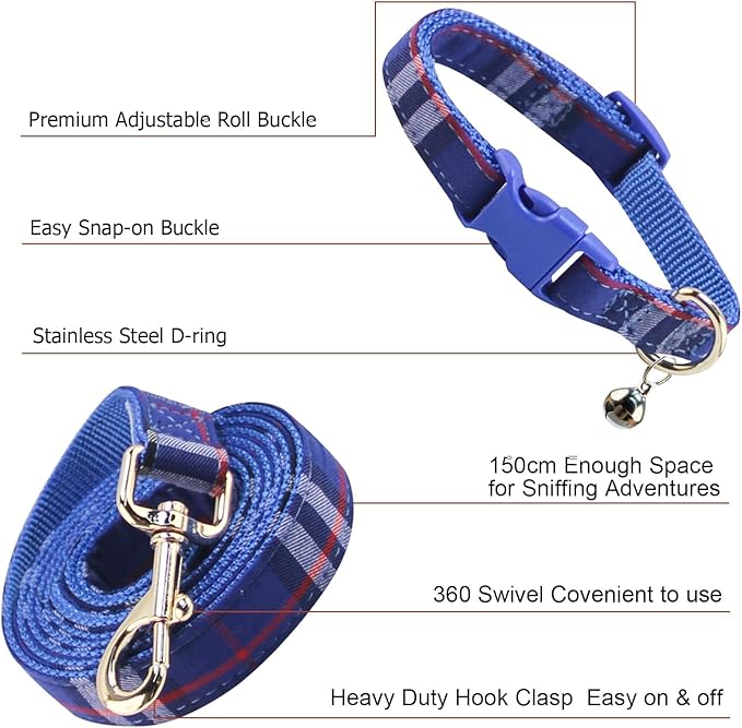 NISIYE Cute Plaid Dog Collar Harness and Leash with Safety Buckle - Adjustable and No Pull Comfortable Dog Collars for Small Puppy, Stylish Durable Gift for Boy Girl Pets