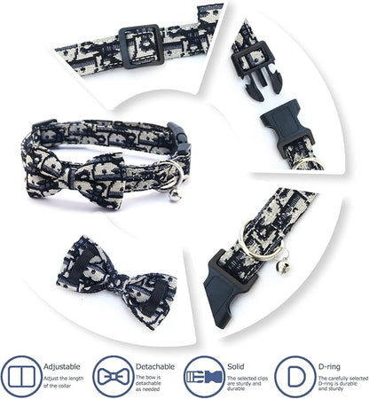 Bowtie Collars for Small Dogs, Elegant Puppy Collars with Leash Set, Tiny Dog Collars with Bowtie Adjustable 9.8"-13.8", Black, S