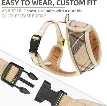 PUPTECK Soft Mesh Dog Harness Small Sized and Leash Set Pet Puppy Cat Comfort Padded Vest No Pull Harnesses, Beige Plaid, M