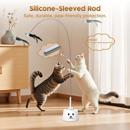 Interactive Cat Toys for Indoor Cats: Upgraded 360° Automatic Spin Flying Bird Feather Wand with Silicone Protected Rod Safe Play, Strong 8cm Suction Cup, USB-Rechargeable for Bored Kittens and Adult