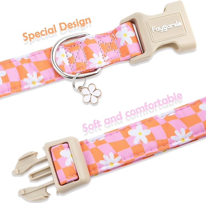 Faygarsle Floral Dog Collar, Pink and Orange Pattern with White Flowers, Spring Summer Design for Small Medium Large Dogs S