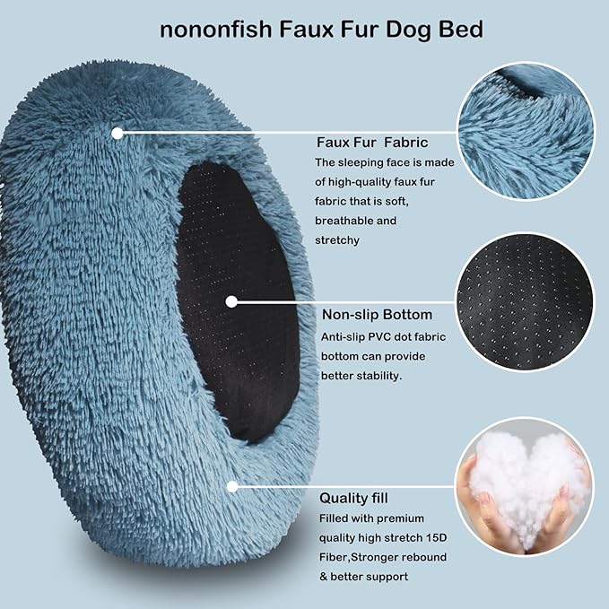 Calming Donut Dogs Beds for Small Dogs Washable,23inch Plush Round Pet Bed for Cozy Sleep,Fluffy Faux Fur Large Cat Bed,Fits up to 25 lbs Pets,Washed Blue