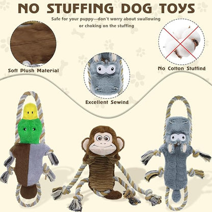 3 Pack No Stuffing Squeaky Dog Toys,Tug of War Dog Toy with Pull Rope, Interactive Dog Toys Dog Gifts for Small,Medium Dog