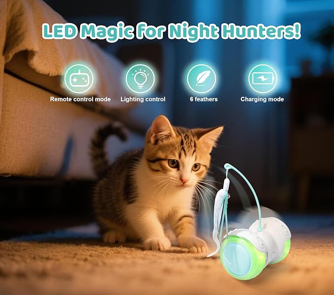 ZeLing HTL Remote Control Cat Toy with Auto Mode - Interactive Cat Toy Feather for Indoor, Moving Cats Catnip Toys & LED to Keep Bored Cats Active & Entertained