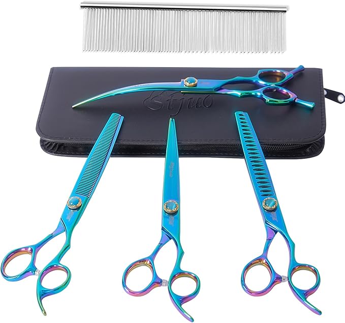 Stjuo 7.5'' Dog Scissors Set for Grooming 440C Stainless Steel Green Professional Pet Trimming Scissors Sharp Blades Cutting for Dogs and Cats Shears
