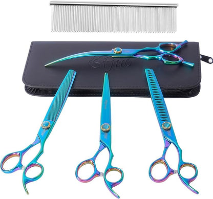 Stjuo 7.5'' Dog Scissors Set for Grooming 440C Stainless Steel Green Professional Pet Trimming Scissors Sharp Blades Cutting for Dogs and Cats Shears