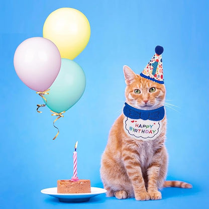 ADOGGYGO Cat Birthday Party Supplies, Blue Boy Cat Kitten Birthday Bandana Hat Numbers Pet Birthday Decorations Outfits