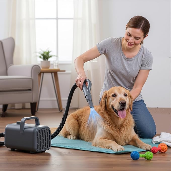 DUMOS Dog Blow Dryer Grooming Vacuum Kit, Cat Dog Hair Dryer with Adjustable Wind Speed & Heater Temperature, Cool-Warm-Hot Cycle Mode, 4 Nozzles, 6.5FT Cord for Low Noise Pet Hair Remover - Grey