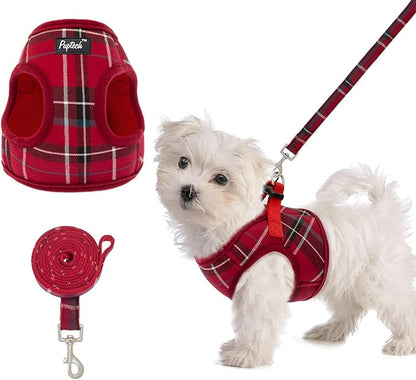 PUPTECK Soft Mesh Dog Harness and Leash Set Step-in Plaid Puppy Padded No Pull Vest Harness for XS Small Medium Sized Dogs Cats Outdoor Walking, Red S