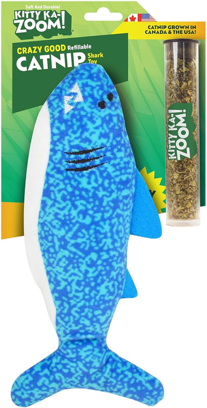 KITTY KA-ZOOM ZOOMIE Shark Kicker - Refillable Catnip Toy + Catnip | High Potency Hand Harvested Fresh | Soft Plush for Engaging Play