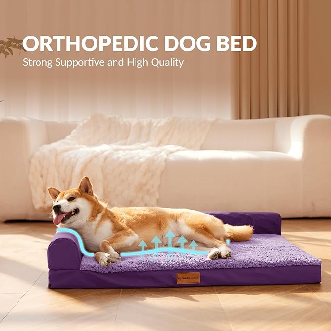 Patas Lague Orthopedic Jumbo Dog Bed for Extra Large Dogs 56''X40'', Waterproof L Bolster Pet Sofa Beds with Removable Washable Cover, Soft Comfortable Pet Couch Crate Mat with Nonskid Bottom, Purple