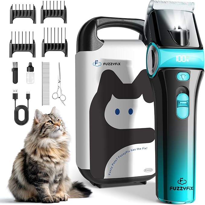 FuzzyFix Cat Clippers for Grooming with 5-in-1 Blade, Cat Grooming Kit Cordless Rechargeable Hair Trimmer Detachable Stainless Steel Blade Pet Shaver for Small Kitty Paw Face Head Body