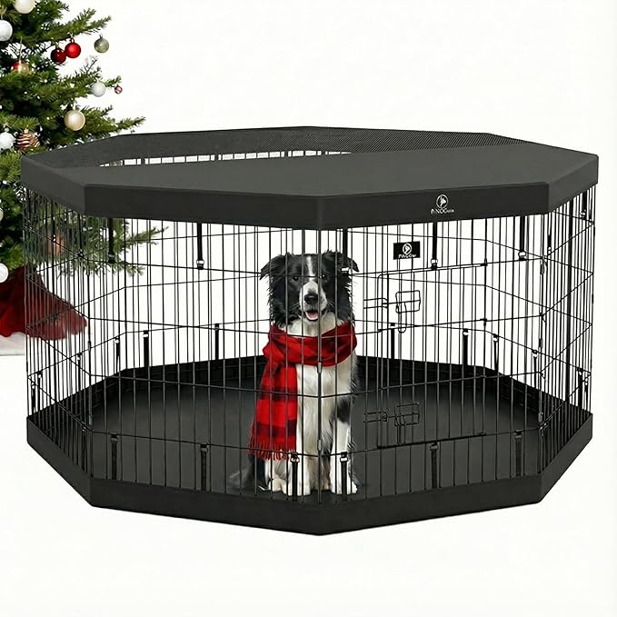 PJYuCien Dog Playpen - Metal Foldable Dog Exercise Pen, Pet Fence Puppy Crate Kennel Indoor Outdoor with 8 Panels 30”H & Top Cover and Bottom Pad for Small Medium Pets