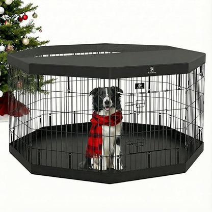 PJYuCien Dog Playpen - Metal Foldable Dog Exercise Pen, Pet Fence Puppy Crate Kennel Indoor Outdoor with 8 Panels 30”H & Top Cover and Bottom Pad for Small Medium Pets