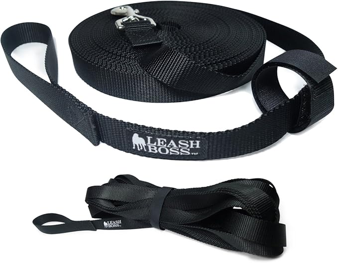 Leash Boss Long Trainer - 1 Inch Nylon Long Dog Training Leash with Storage Strap (20 Ft, Black)