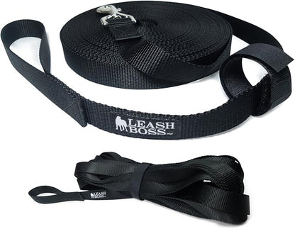 Leash Boss Long Trainer - 1 Inch Nylon Long Dog Training Leash with Storage Strap (20 Ft, Black)