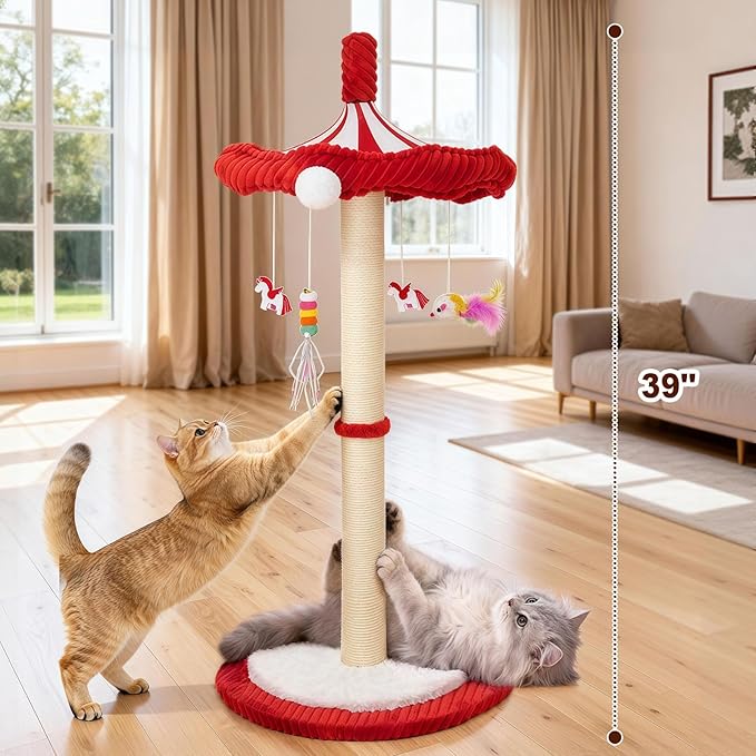 MOYMO Merry-Go-Round Cat Scratching Post & Interactive Cat Toy | 39" Very Tall Scratcher with Rotating Top for Indoor Cats, for Kittens to Large Adults