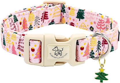 Elegant little tail Christmas Dog Collar - Christmas Tree Pink Pet Collar Cotton Soft Plastic Buckle Durable Puppy Collars Female or Male Adjustable Collar for Large Dogs