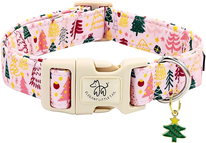 Elegant little tail Christmas Dog Collar - Christmas Tree Pink Pet Collar Cotton Soft Plastic Buckle Durable Puppy Collars Female or Male Adjustable Collar for Small Puppy