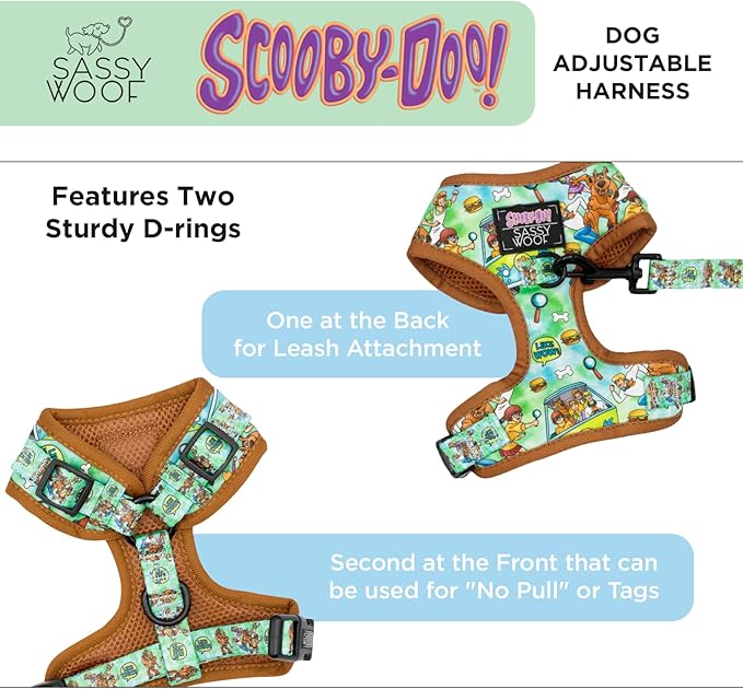 Sassy Woof Dog Adjustable Harness - Scooby-Doo™ - M, Breathable Mesh, No Pull Design with Two D-Rings, Patented Design, Perfect for Medium Dogs - Officially Licensed