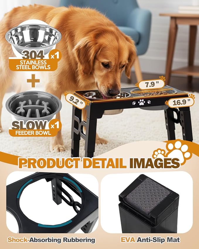Elevated Dog Bowls, Dog Feeder with 1*Stainless Steel Dishes & 1*Slow Feeder Bowl, 5 Heights Adjustable Raised Stand for Medium Large, Food Dishes with Non-Slip Feet