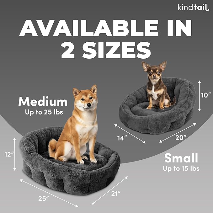 KindTail Medium Orthopedic Dog and Cat Bed - Faux Fur Luxury Cuddler for Pets Under 25lbs, Comfortable Waterproof Material with Nylon Base - 25" x 21" x 12" (Light Grey, Medium)