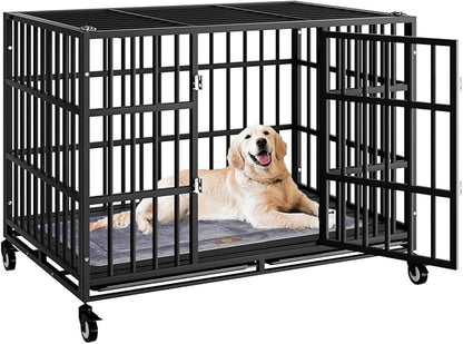 Snuowu 38 Inch Heavy Duty Dog Crate with Wheels，Indestructible Escape-Proof Dog Cage for Large Dogs, Extra Large XL XXL Indestructible Dog Crate with Removable Tray.