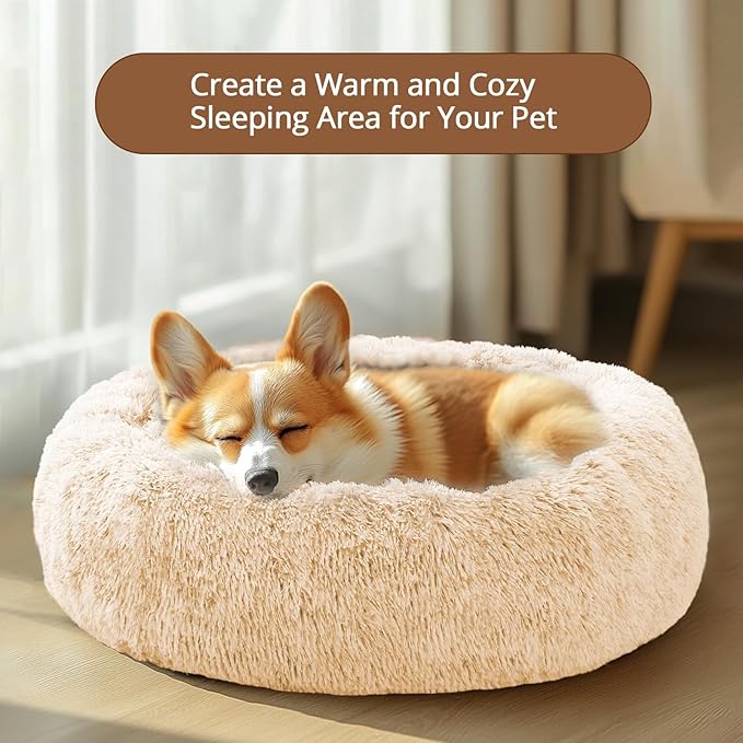 JOLLYVOGUE Calming Dog Bed for Small Dogs - 23 inches Donut Washable Small Dog Bed for Kittens & Puppies, Anti-Slip Round Fluffy Plush Faux Fur Cat Beds (Fits up to 25 lbs Pets, Off White)