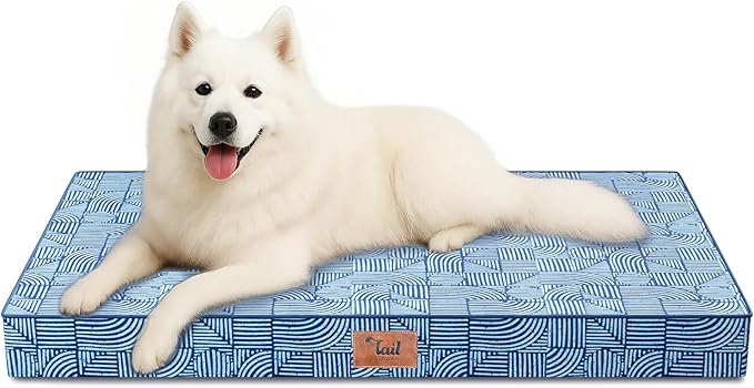 Tail Stories Outdoor Large Washable Dog Bed, Orthopedic Egg Crate Foam Dog Crate Mat for Large Dogs with Removable Oxford Cooling Cover, White Blue